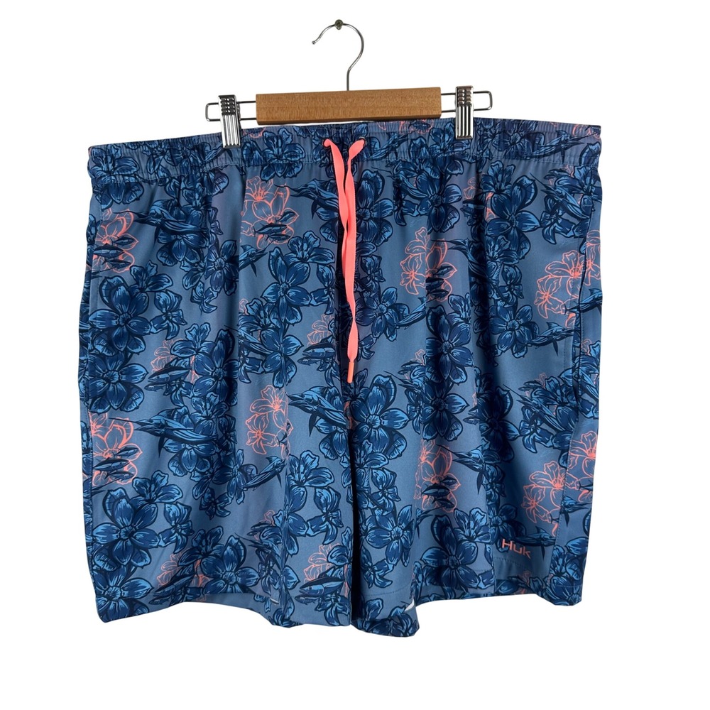 Huk Swim Trunks Mens XXL Blue Floral Marlin Fishing Shorts H2000211-445
